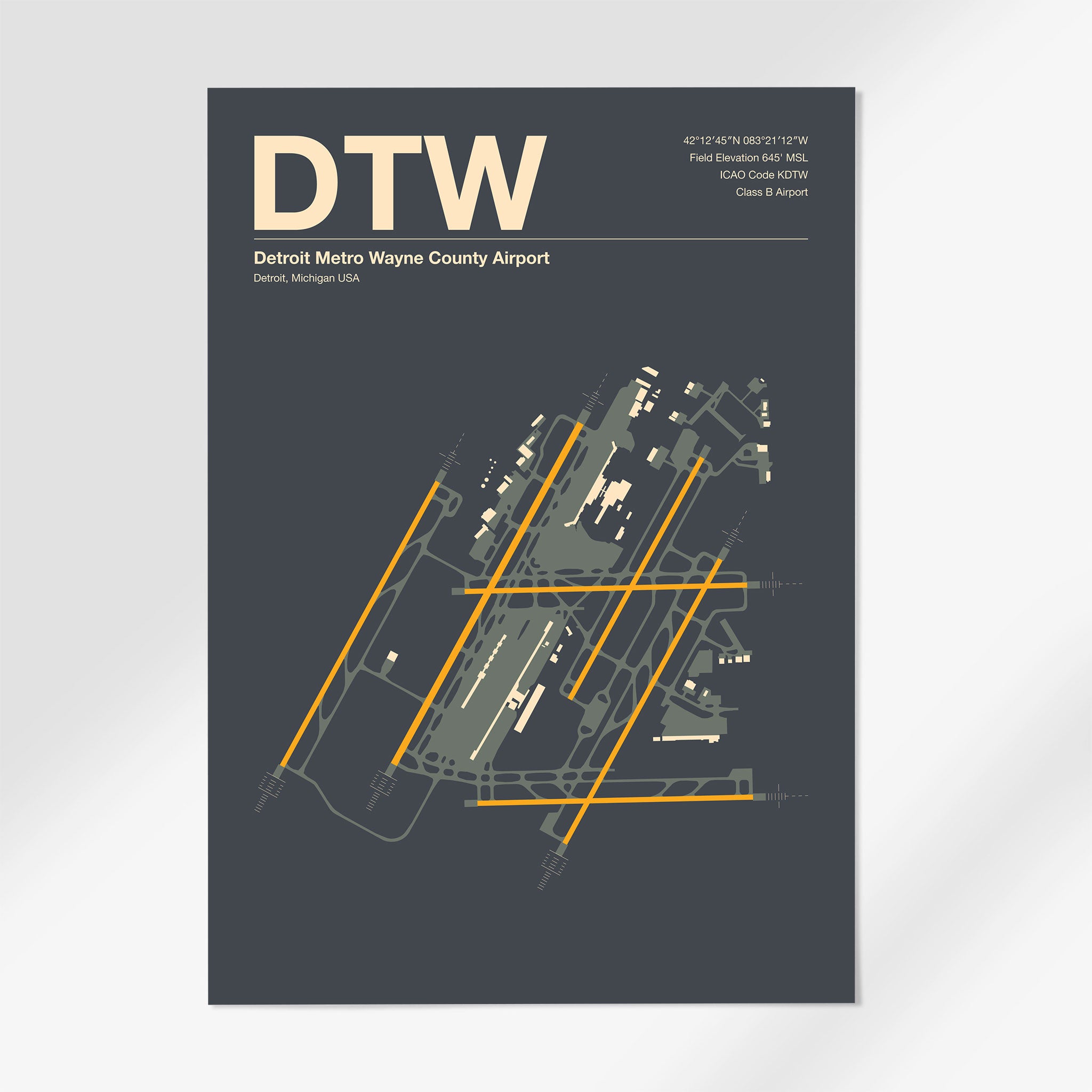 DTW | Detroit - 12×18" - Mid - Century Slate - No Frame