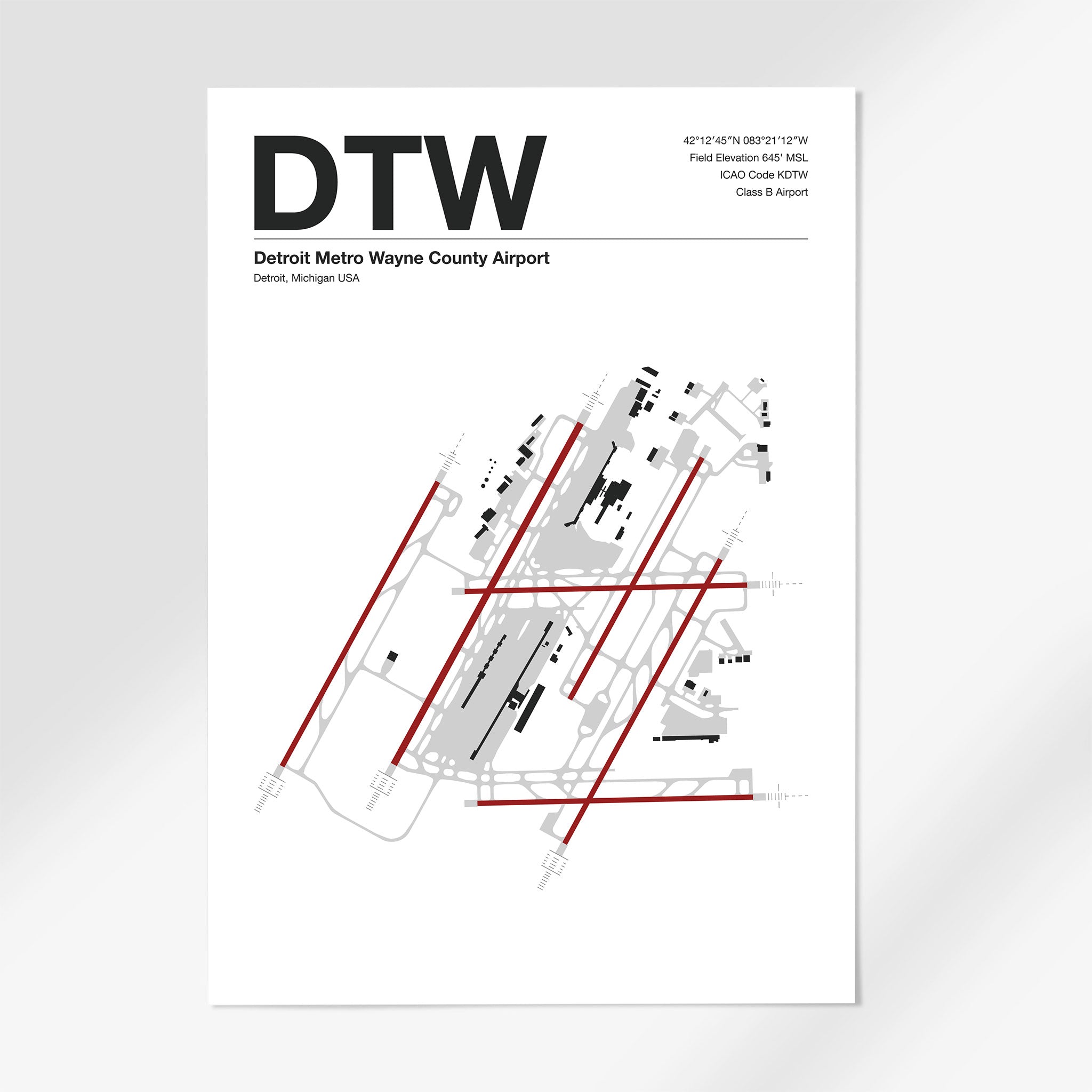 DTW | Detroit - 12×18" - Mid - Century Modern - No Frame